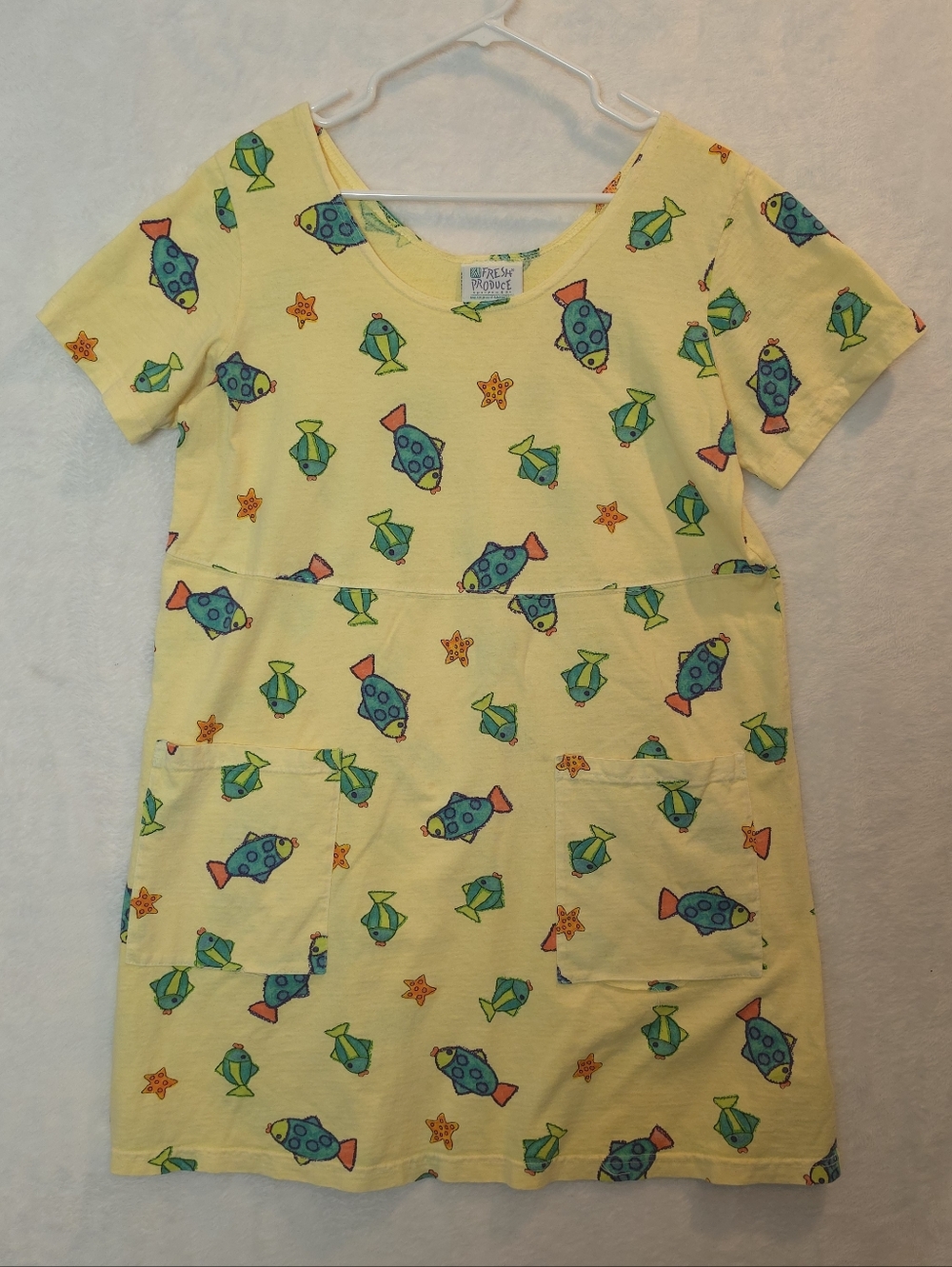 VTG Fresh Produce Scoop Neck Shirt Dress Tropical Beach Summer Yellow Fish LARGE